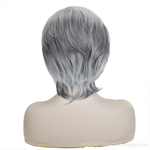 wholesale heat resistant short ombre silvery with gray color wig with Partial part synthetic hair wigs for women